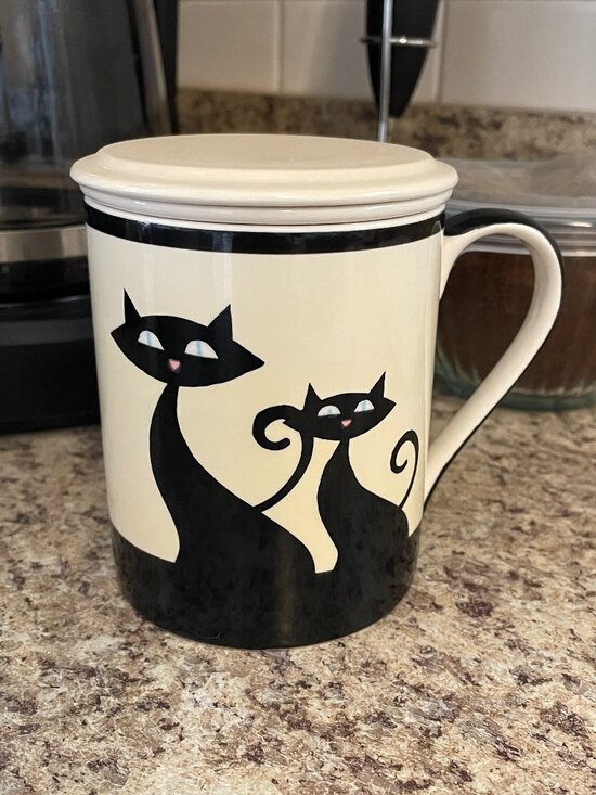 Other - Never Used! Rare HUESNBREWS Black Cats Mug Cup, Strainer & Lid FULL SET.